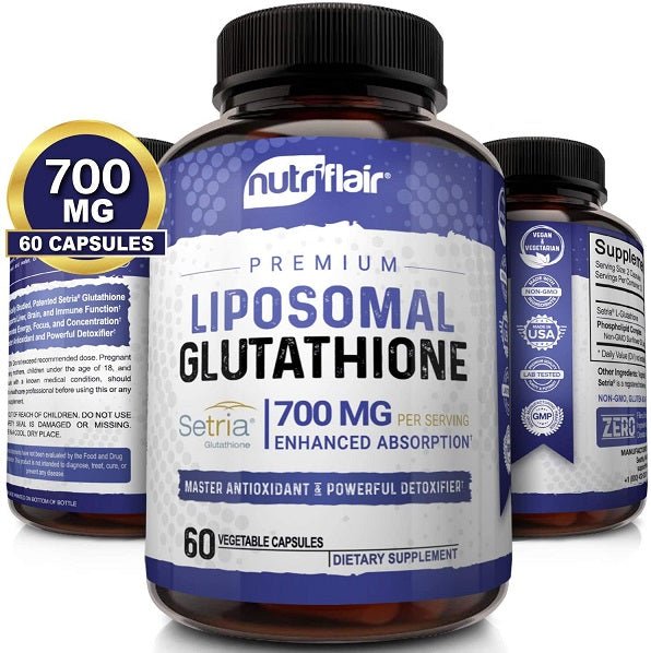 NutriFlair liposomal glutathione bottle with 700 mg badge and 60 vegetable capsules