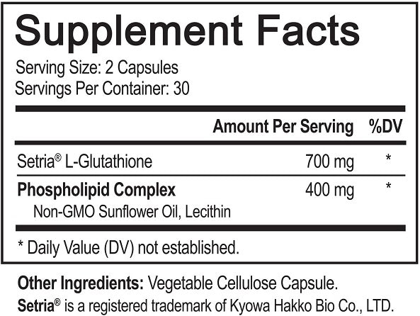 Supplement facts label for liposomal glutathione, 700 mg per 2-capsule serving