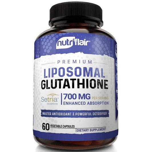 NutriFlair liposomal glutathione supplement bottle, 700 mg, 60 vegetable capsules