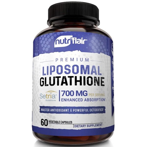 NutriFlair liposomal glutathione supplement bottle, 700 mg, 60 vegetable capsules