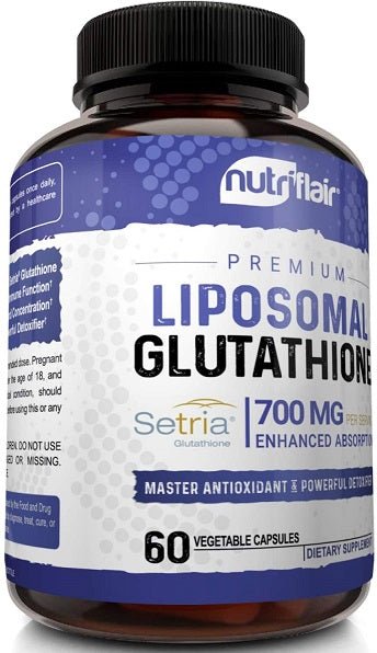 Liposomal glutathione supplement bottle label, 700 mg per serving, 60 vegetable capsules