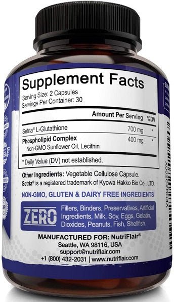 Supplement facts and ingredients panel, zero gluten & dairy free on bottle label