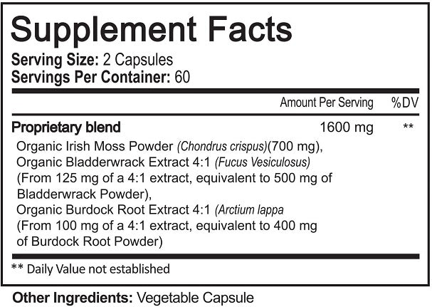 Supplement Facts panel for NutriFlair Premium sea moss+ with proprietary 1600 mg blend