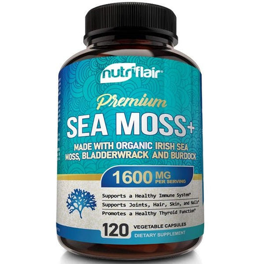 NutriFlair Premium sea moss+ supplement bottle, 1600 mg, 120 vegetable capsules