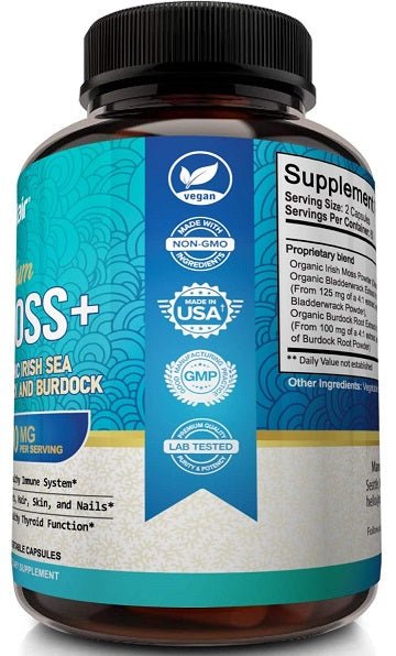 NutriFlair sea moss+ supplement bottle with vegan, USA, non-GMO, lab tested badges