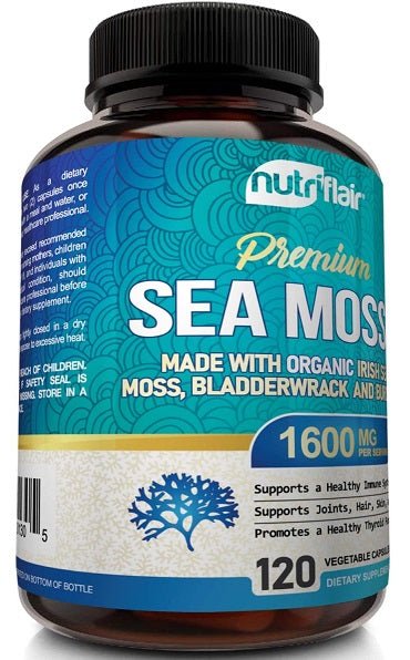 NutriFlair Premium sea moss+ supplement bottle front label, 1600 mg