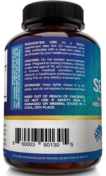 NutriFlair sea moss+ supplement bottle back label with barcode and usage directions