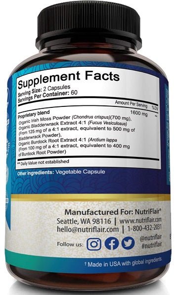 NutriFlair sea moss+ supplement facts label with serving size and manufacturing info
