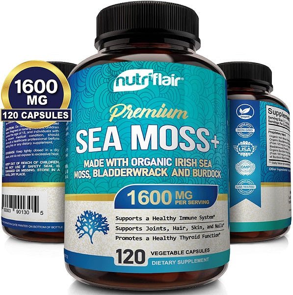 NutriFlair Premium sea moss+ supplement bottle with 1600 mg label, 120 capsules