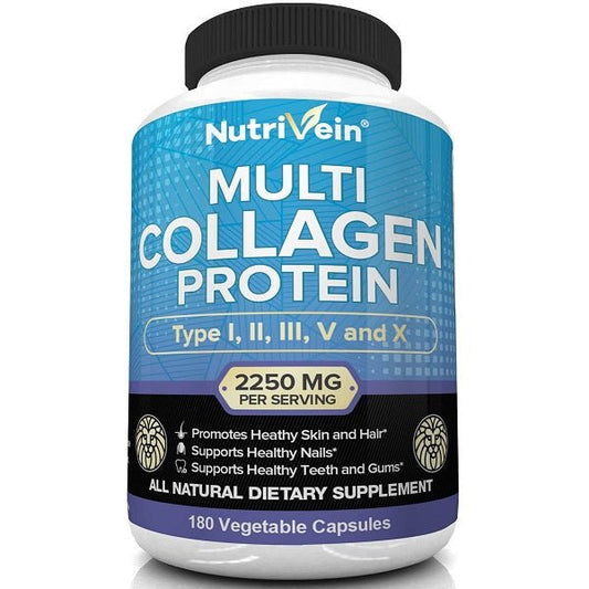 NutriVein multi collagen protein supplement bottle, blue label, 2250 mg per serving