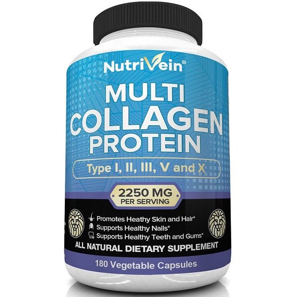 NutriVein multi collagen protein supplement bottle, blue label, 2250 mg per serving