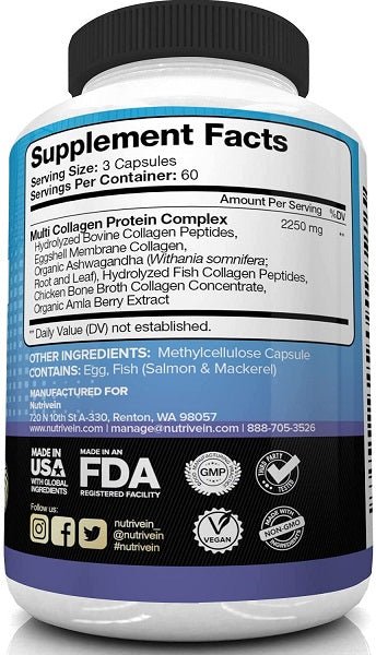 NutriVein multi collagen protein back label, Supplement Facts and FDA/vegan icons