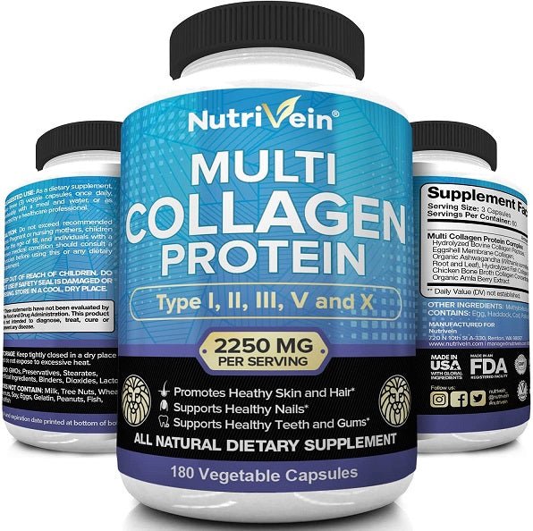 NutriVein multi collagen protein supplement bottle with side Supplement Facts panel