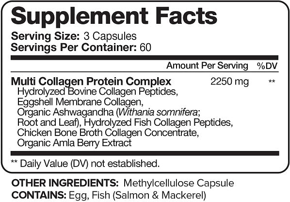 NutriVein Multi Collagen Protein Supplement Facts label, serving size 3 capsules