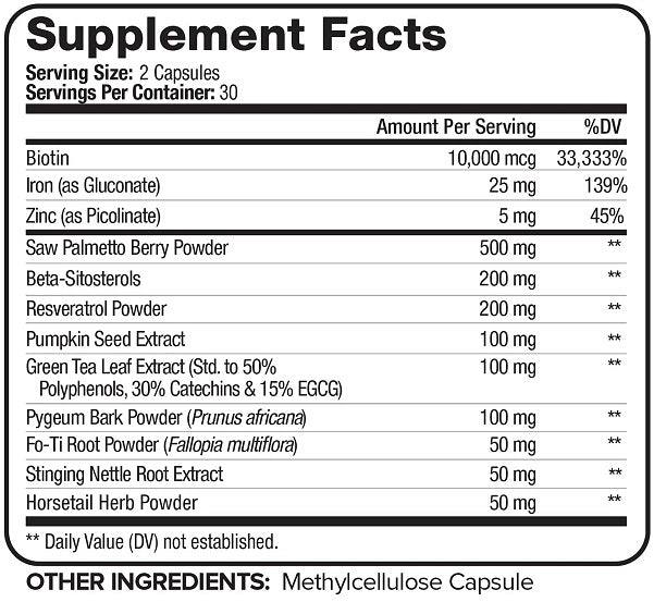 Supplement Facts label listing biotin, iron, zinc, herbal extracts, and serving size