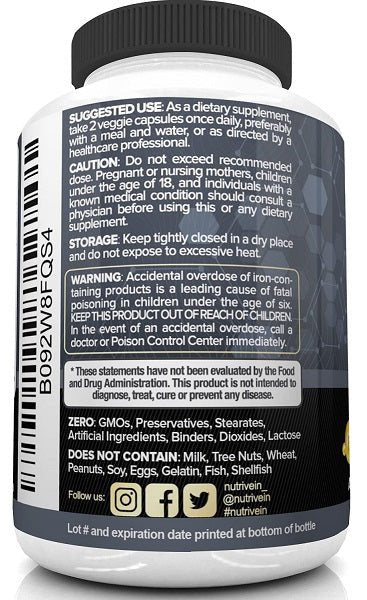 Supplement label panel with suggested use, warnings, and allergen/ingredient details