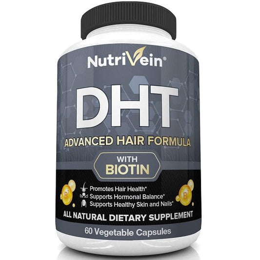 Hair formula supplement bottle with black cap, NutriVein DHT label, biotin banner