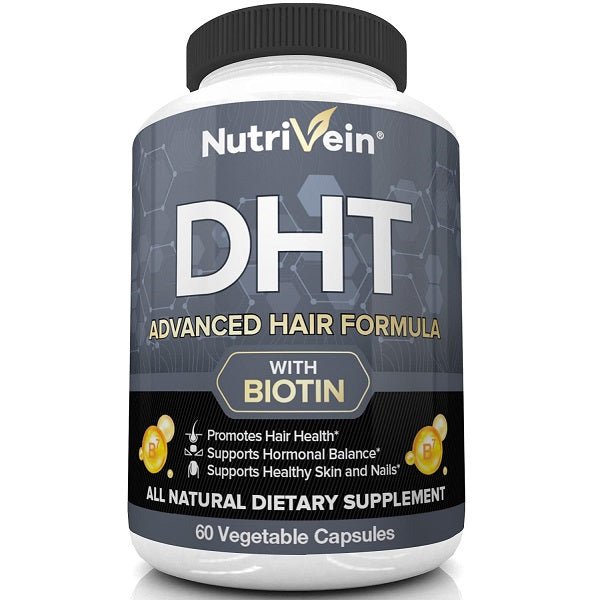 Hair formula supplement bottle with black cap, NutriVein DHT label, biotin banner