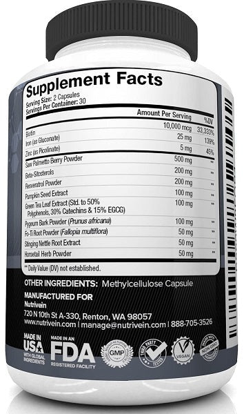Supplement Facts label on bottle back with ingredients and amount per serving