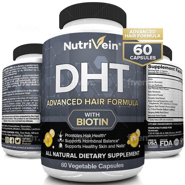 NutriVein DHT advanced hair formula supplement bottle with biotin, 60 vegetable capsules