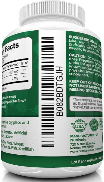 NutriVein DIM + BioPerine supplement bottle label with 400 mg panel