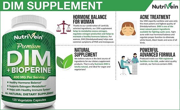 NutriVein DIM supplement bottle with info panels for hormone balance and acne care