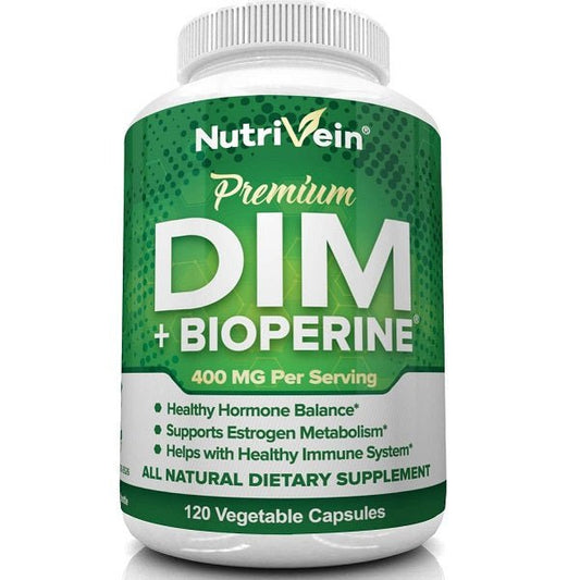 NutriVein DIM + BioPerine premium bottle with green label and 400 mg per serving