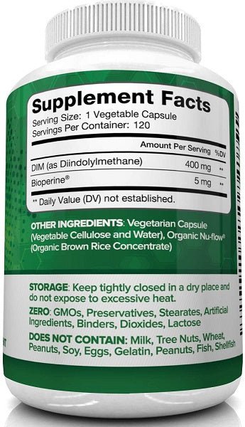 NutriVein DIM + BioPerine supplement bottle with storage and zero ingredients panel
