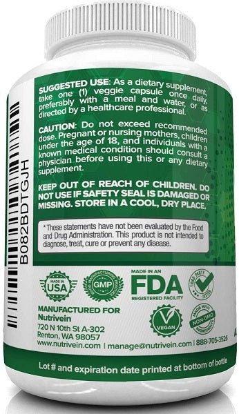 NutriVein DIM + BioPerine supplement bottle back label with directions text