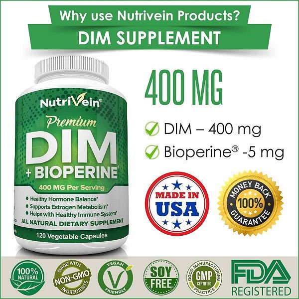 NutriVein DIM + BioPerine 400 mg supplement bottle front view with badges