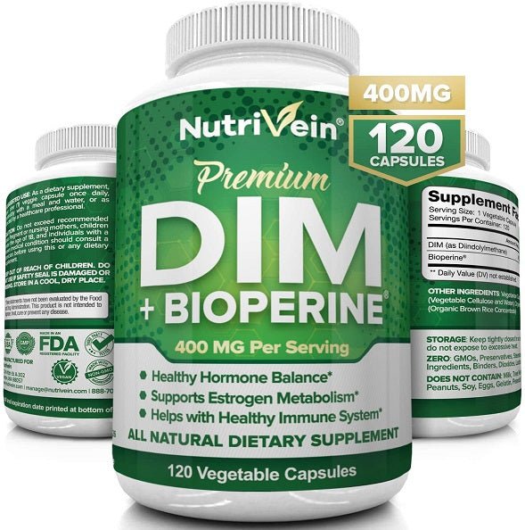NutriVein DIM + BioPerine supplement bottle set showing front and side labels