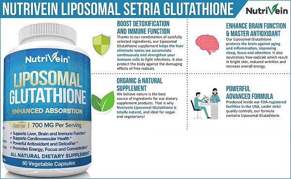 Liposomal glutathione supplement bottle on infographic panel