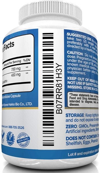 Supplement bottle side panel with barcode, lot info, and shellfish-free statement