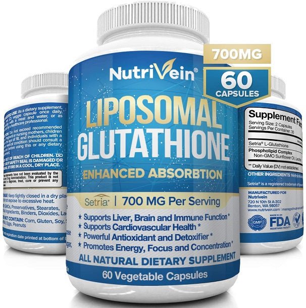 Liposomal glutathione supplement bottle with 60 capsules and 700 mg per serving