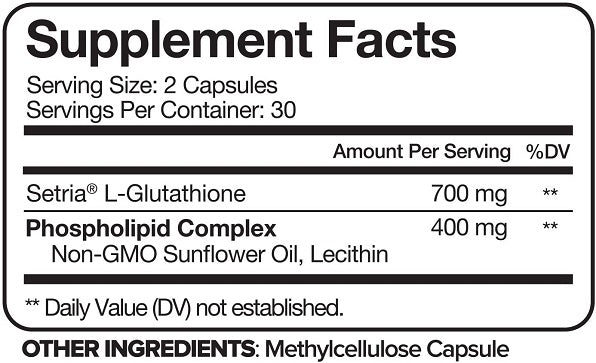 Supplement Facts label showing 2 capsules serving size and 700 mg L-glutathione