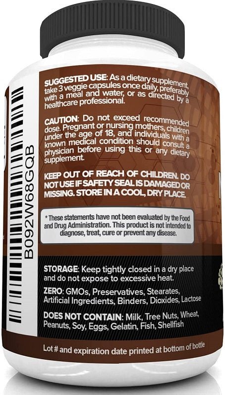 NutriVein magnesium supplement bottle back with dosage caution, storage, and ingredient list