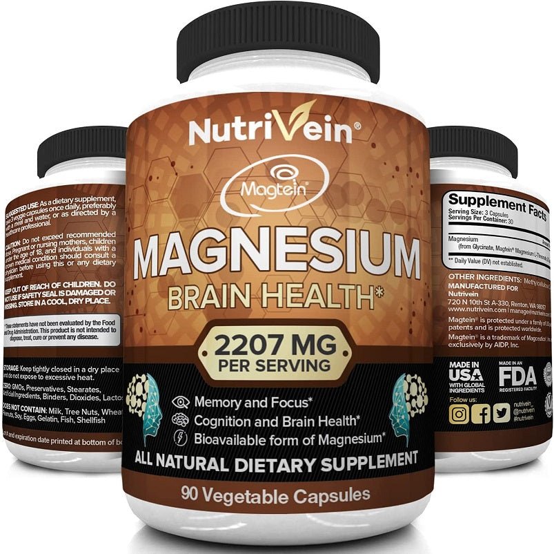 NutriVein Magnesium brain health supplement bottle, front label shown with extra bottle behind