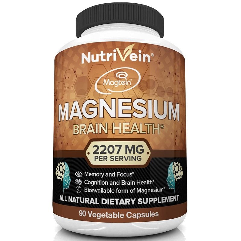 NutriVein Magnesium brain health dietary supplement bottle, 2207 mg, 90 veggie capsules