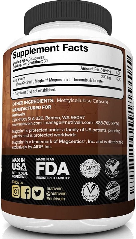 NutriVein magnesium supplement bottle back label with Supplement Facts and FDA/GMP/vegan seals