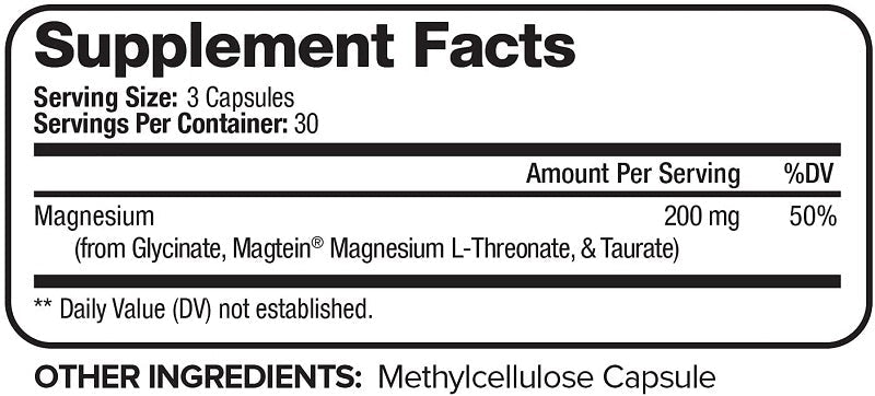 NutriVein Magnesium supplement facts label: 3 capsules, 200 mg magnesium, 50% DV