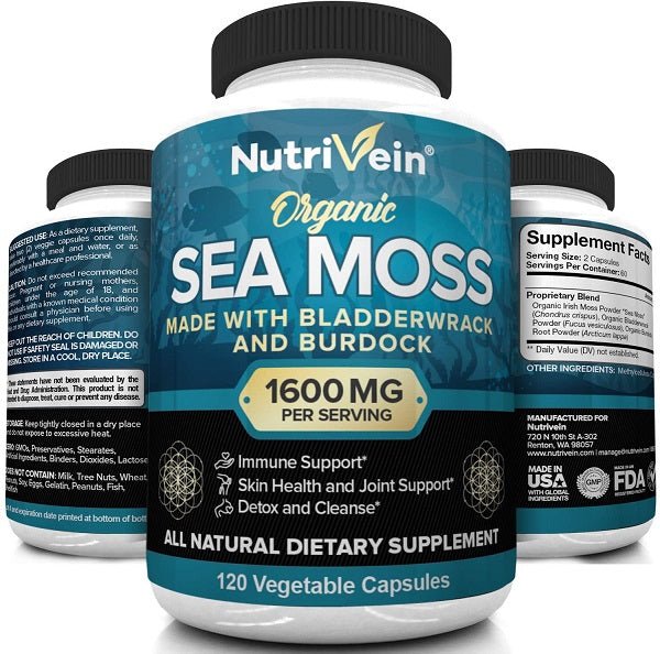 NutriVein organic sea moss supplement bottle with 1600mg per serving, 120 capsules