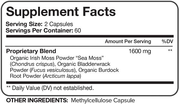 Supplement Facts label: serving size 2 capsules, proprietary blend 1600 mg