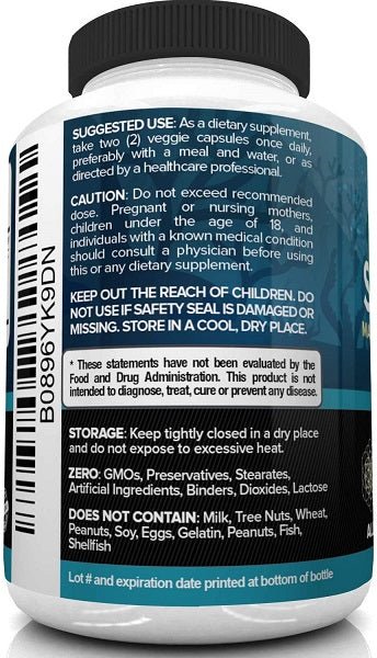 NutriVein sea moss supplement bottle back with warnings and storage instructions