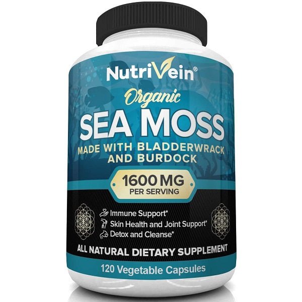 NutriVein organic sea moss 1600mg supplement bottle, 120 vegetable capsules