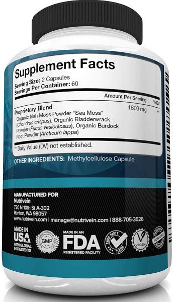 NutriVein sea moss supplement bottle back label with Supplement Facts and ingredient list