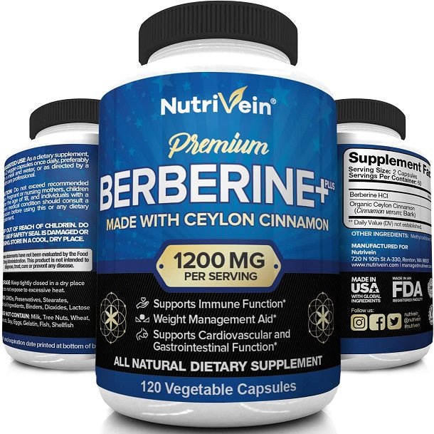 Berberine supplement bottles with Premium Ceylon cinnamon label, 1200 mg per serving