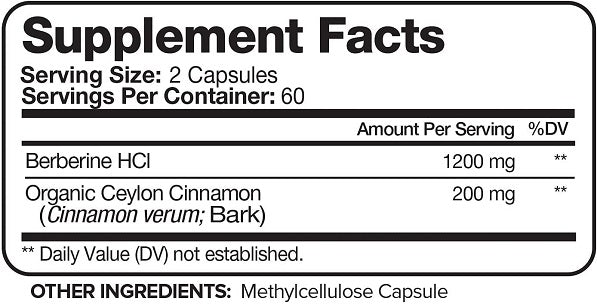 Supplement Facts panel showing Berberine HCl 1200 mg per serving