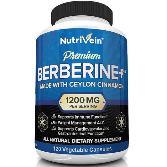 Berberine dietary supplement bottle, blue label, 1200 mg per serving, black cap