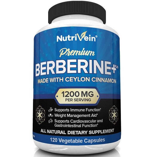 Berberine dietary supplement bottle, blue label, 1200 mg per serving, black cap