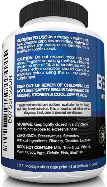 Berberine supplement bottle back label with directions and storage info, black cap